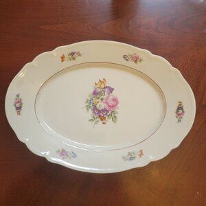Vintage Bavarian Floral Oval Serving Platter 14" Porcelain  Ivory With Multicolo